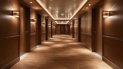 Luxurious wide hallway with deep brown tones, plush carpet, and soft diffused lighting for a welcoming and cozy ambiance.