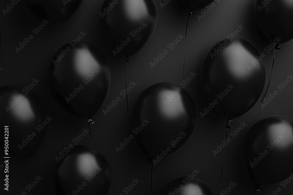 Poster black balloons floating on a dark background, creating a moody and mysterious atmosphere