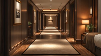 Spacious corridor with rich brown accents, plush carpeting, and gentle diffused lighting for a relaxing and stylish atmosphere.