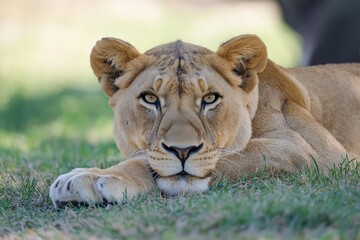 Obraz premium A lioness resting on the grass, exuding a combination of alertness and relaxation under the sun in its natural habitat.