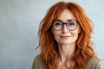 Fototapeta premium A confident middle-aged woman with red hair and glasses smiles warmly, embracing her age and beauty with elegance.