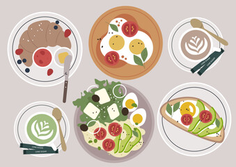 A delightful breakfast spread displays an assortment of vibrant dishes, including eggs, salad, and pastries, inviting to savor a refreshing morning experience with friends or family