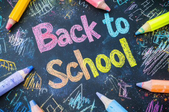 BACK TO SCHOOL, escrito con tizas de tonos rosas, azules y amarillos en una pizarra negra vista desde arriba, rodeadas de lapiceros coloridos y dibujos hechos por ni&ntilde;os. Concepto vuelta al cole