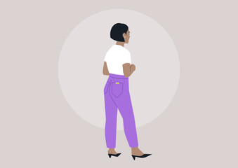 A fashionable woman with short hair stands gracefully, her arms folded, radiating confidence while showcasing her trendy outfit in a minimalist setting