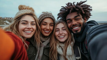 Friends taking a selfie during a road trip, real-life candid interaction moments, shared experiences