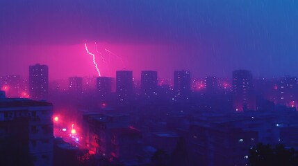Obraz premium Dramatic lightning storm over a cityscape at night, with multiple bolts striking across a dark, stormy sky.