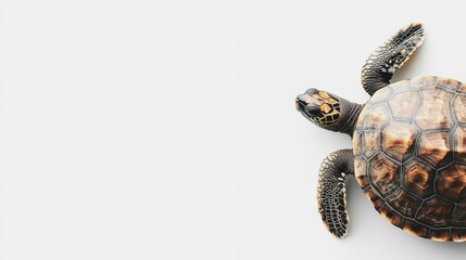 A turtle swimming underwater in a river with a distinctive shell pattern stands out against a light backdrop