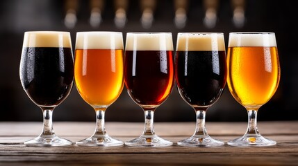 A row of craft beers with autumn themes resting on rustic wood in a cozy tavern, showcasing hops and barley
