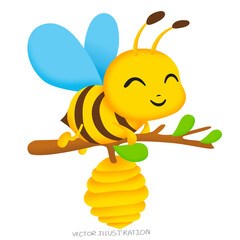 Yellow bee with blue wings flying, vector illustration