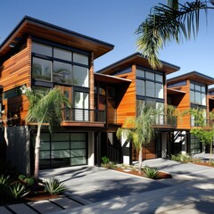 Fototapeta premium Three houses with a palm tree in front of them. The houses are made of wood and have a modern design
