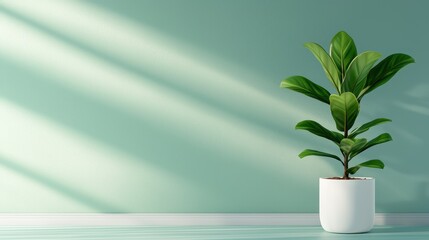 A small potted plant sits on a flat surface in a minimalist setting with soft sunlight casting shadows on a pastel green wall.