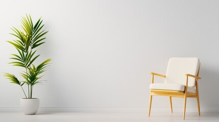 Fototapeta premium A minimalist living space features a cozy wooden armchair and a potted plant against a clean white wall, creating a serene atmosphere.