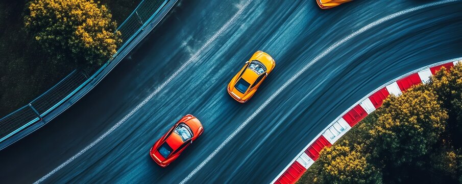 Overhead shot of a race track with multiple cars taking different racing lines through a complex curve, Race Track, Strategy and competition