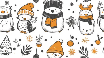 Whimsical polar bears, penguins, and owls in Santa hats and scarves, arranged in a seamless pattern. The background includes snowflakes and festive winter elements, creating a cheerful holiday scene,