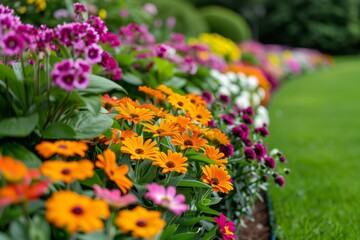 Obraz premium A row of flowers with a mix of colors including orange, pink, and white. The flowers are arranged in a way that creates a sense of harmony and balance
