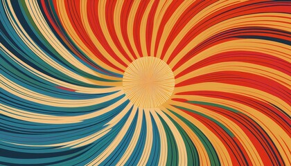 Groovy carnival circus background in retro 60s and 70s style. Sun and rainbow swirl pattern, vintage poster atmosphere. radial elements, circular motifs