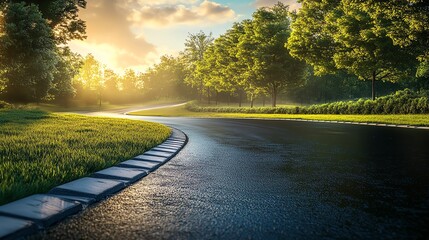 Racetrack road bordered by lush green grass, contrasting the manmade and natural elements, Racetrack Road, Contrast of nature and technology