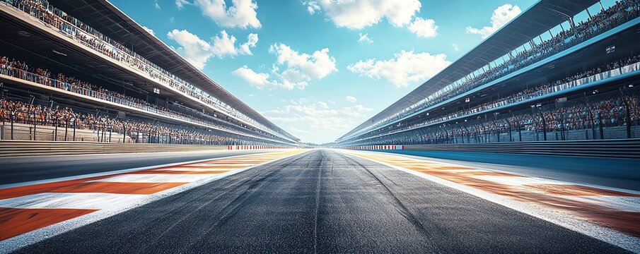 Racetrack road disappearing into the distance, framed by grandstands filled with eager spectators, Racetrack Road, Race day excitement