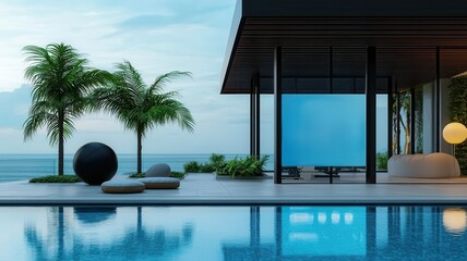 Modern villa with pool, palm trees, and ocean view. Perfect for relaxation and luxurious living in a tropical setting.