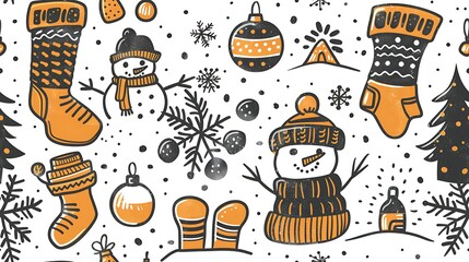 Whimsical snowflakes, mittens, ice skates, and snowmen in a seamless pattern, all doodled in a playful, hand-drawn style.