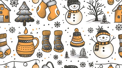 Whimsical snowflakes, mittens, ice skates, and snowmen in a seamless pattern, all doodled in a playful, hand-drawn style.