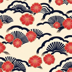 Japanese Floral Seamless Pattern with Clouds and Fans
