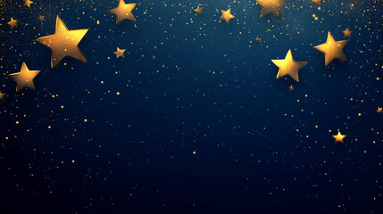 Fototapeta premium Golden stars on dark blue background, festive night sky with glittering sparkle