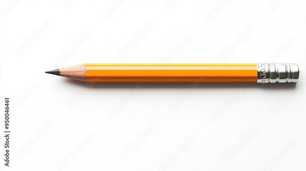 Poster minimalist image of a pencil sharpened to the eraser, horizontal on a white background, symbolizing 