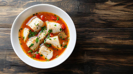 Top view of a rustic wooden background with a white bowl of steaming fish soup, tomatoes, herbs, and spices, perfect for copy space