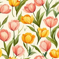 Obraz premium Floral Seamless Pattern with Pink and Yellow Tulips