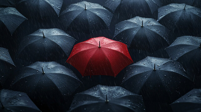 top view of black umbrellas cover the street and one red umbrella in the middle for differentiation business