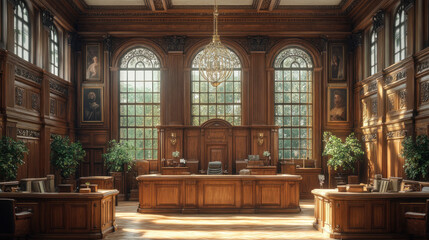 Courtroom interiors, emphasizing the architectural design and atmosphere of justice halls.