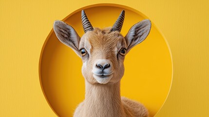 A smiling goat framed in a circular cutout against a bold yellow backdrop, creating a playful and vibrant portrait.