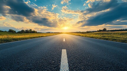 Sunlight breaking through clouds, casting dramatic shadows on an empty asphalt road in the countryside, Asphalt Road, Dramatic natural light