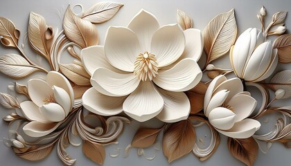 In this beautiful stucco relief, magnolia blossoms are layered and are framed by waxy leaves and ivory petals.
