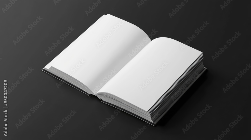Poster minimalist mockup of an open notebook with empty pages, displayed on a dark background for contrast.
