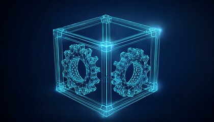 Isolated modern illustration of abstract box with cog wheels, low poly style. Geometric background. Wireframe light connection structure. Modern 3D graphic concept.