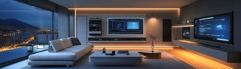 Futuristic smart home with integrated AI, high-tech appliances, advanced home automation, modern and sleek design, future living space