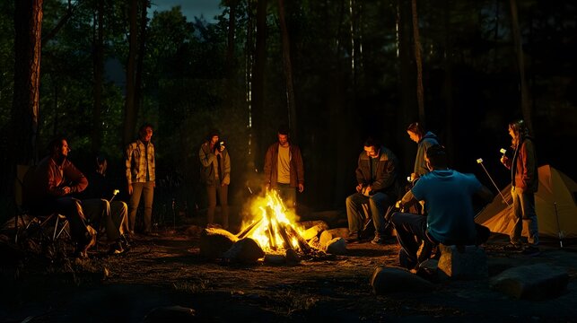 A group of friends enjoy a campfire in the woods.