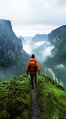 Fototapeta premium A solo traveler walking along a narrow mountain trail surrounded by towering cliffs and misty clouds, capturing the solitude and awe of an unexplored landscape
