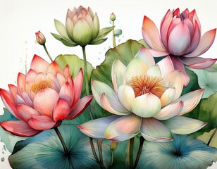 Lotus flowers at various stages of bloom are depicted in detailed watercolors.