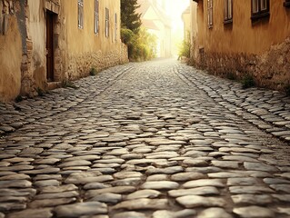 Naklejka premium A cobblestone road in an old European town, quaint and historic, warm tones, isolated on white background
