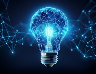 Low poly style design with a glowing blue light bulb. Abstract geometric background with wireframe light connection structure. Isolated modern illustration with a modern 3d graphic concept.