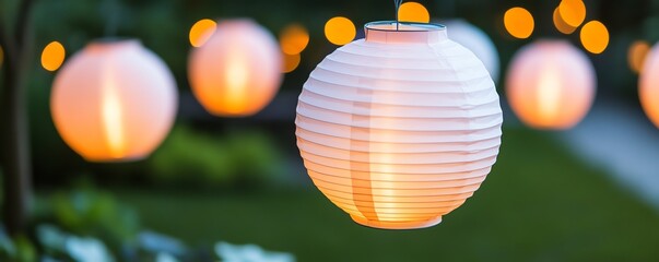 Obraz premium String of white paper lanterns glowing in the evening