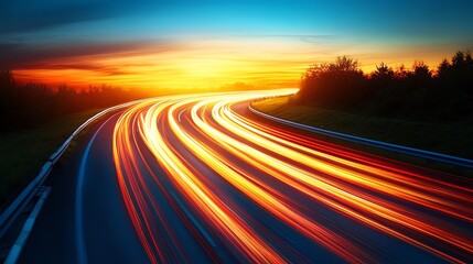 Naklejka premium A highway at night with headlights streaking by, dynamic and fastpaced, modern photography style, isolated on white background