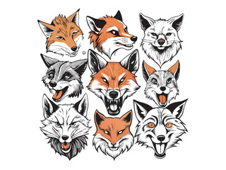 Fox various faces  silhouette set design Vector isolated , white background. flat design