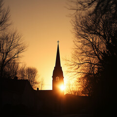 Obraz premium Church Silhouette Against Golden Sunset with Bare Trees