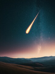 Naklejka premium A glowing meteor streaks across the night sky, illuminating the desert landscape.
