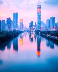 Obraz premium Cityscape with skyscrapers reflecting in a calm river at sunrise.