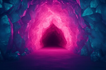 Mysterious glowing pink cave entrance.